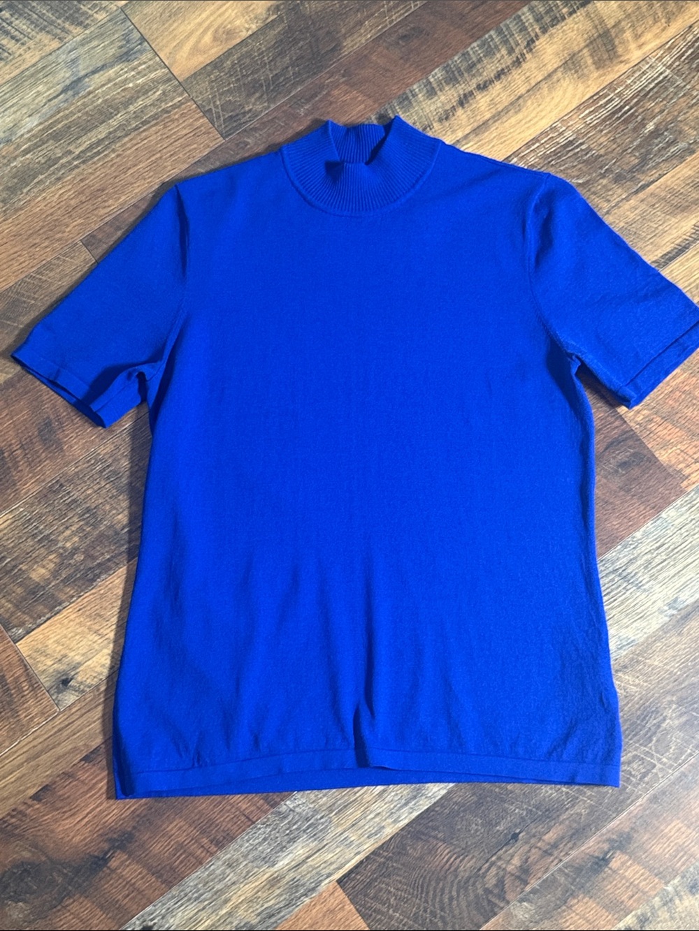 Kasper Royal Blue Mock Neck Short Sleeve Knit Sweater Top Size Large